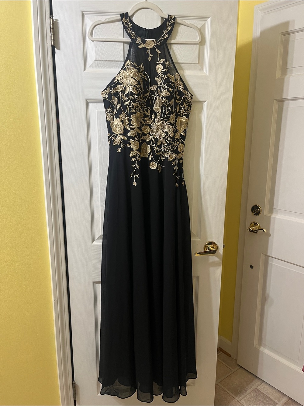 Betsy & Adam Black Halter Gown with Gold Floral Embroidery
